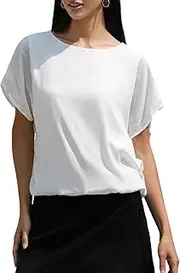 [MGizo DtiSpectrum] Chiffon Blouse for Women - Elegant Tunic Made of Two-Layer Gauze Fabric with Short Batwing Sleeves and Stretchy Lining, Transparent Tulle Shirt with Crew Neck, White, L