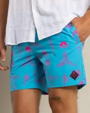 [Skylark] Skylark Men's Recline Elastic Waist Shorts in Cyan/Pink Size Small S Cyan/Pink