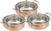 Aakrati HANDICRAFT Set of 3 Indian hammered copper stainless steel serving bowl for food soup with handle and glass lid decorative seveware Size- 6 Inch