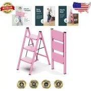 Pink 3-Step Folding Ladder with Wide Anti-Slip Pedals - Space-Efficient Design