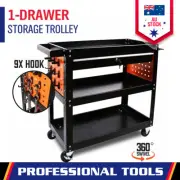 3-Tier Tool Storage Trolley Workshop Cart Steel Lockable Drawer Pegboard Hooks