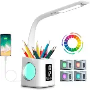 Study Desk Lamp with USB Charging Port&Screen&Calendar&Color Night Light, 10W