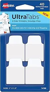 Avery Mini Ultra Tabs, 1" x 1.5", 2-Side Writable, White, 40 Repositionable Tabs (74788)