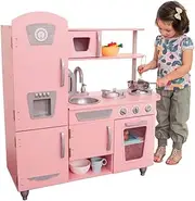 KidKraft Pink Vintage Toy Kitchen, Wooden Play Kitchen with Toy Phone, Kids' Kitchen Set with Retro Toy Fridge, 53179