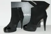 $1195 NEW CHANEL BLACK SUEDE PATENT BOOTIES Platform ANKLE BOOTS SHOES 41 10.5