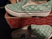 Vans Teal & White Distressed Checkerboard Slip-On Skate Shoes 5.5 men or 7 women