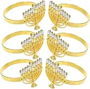 PEPLAYTAL 6Pcs Menorah Napkin Rings Elegant Alloy Napkin Holders with Simulation Diamonds for Hanukkah Table Decoration for Restaurants and Family Gatherings