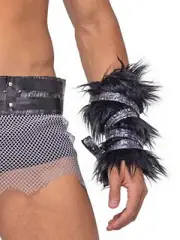 Black Faux Fur Viking Arm Cuffs with Strap Detail OS Costume Accessory