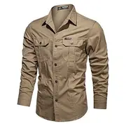 Men's Shirt Workwear Shirts Work Shirt Button Up Shirt Cargo Shirt Black khaki Army Green Dark Blue Beige Long Sleeve Plain Lapel Vacation Holiday Front Pocket