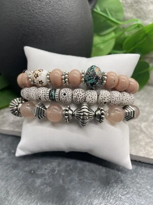 3 PC Handmade Bohemian Beaded Stackable 7" Plus Stretch Bracelet Set New B1050