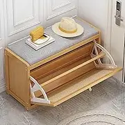 Entryway Shoe Storage Bench with Rattan Drawers, Shoe Bench with Padded Seat, Space-Saving Closed Shoe Rack,Slim Bamboo Shoe Organizer, for Entryway, Living Room, Hallway, Mudroom, Bedroom(Natural,70