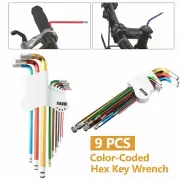 9Pcs Ball-End Hex Key L-key Wrench Tool Set Color-Coded Long Metric With Sleeve