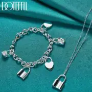 DOTEFFIL 2pc 925 Sterling Silver Heart Square Round Lock Necklace Bracelet Set
