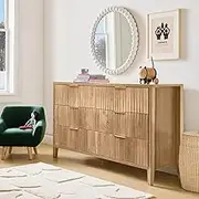 visisite Dresser for Bedroom, Dresser with 6 Large Drawer, Wide Wood Dresser for Storage and Organization, Modern Fluted Dresser, Chest of Drawers for Living Room, Entryway, Hallway, Natural