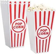 Novelty Place Plastic Red & White Striped Classic Popcorn Containers for Movie Night - 4" Square x 8" Deep (4 Pack)