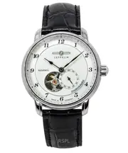 Zeppelin Friedrichshafen Leather Strap Silver Open Heart Dial 21 Jewels Automatic 85664 50M Mens Watch