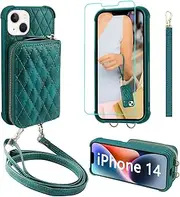 [MONASAY] Zipper Wallet Case for iPhone 14,[Glass Screen Protector ][RFID Blocking]Flip Leather Handbag Phone Cover with Card Holder&Detachable Crossbody Shoulder Lanyard Strap for Apple iPhone 14 6.1"