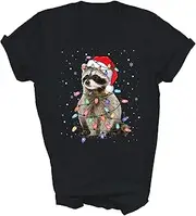 [Above Good Tee] Raccoon Christmas Tree Lights Racoon Lover Xmas Gift Unisex Shirt Women Men T-Shirt (Black;XL)