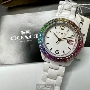 COACH 蔻馳女錶 38mm 白圓形陶瓷錶殼 白色中三針顯示, 鑽圈錶面款 CH00167