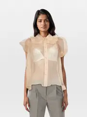 Beige Silk Sheer Button Down Top