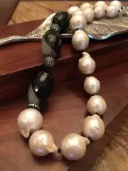 Natural Baroque Pearl Necklace with Exotic Agate & Swarovski Crystal Accents