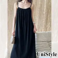 在飛比找momo購物網優惠-【UniStyle】亞麻吊帶長裙 韓版肌理感條紋慵懶風洋裝 