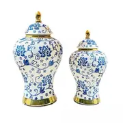 2 piece Ceramic Ginger Jars with Lid Storage Home Temple Jars blue flower vase
