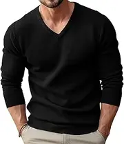 [Qolkmuiy-GJ] Men's Classic Cotton V Neck Sweater Lightweight Sweater Undershirts Trendy Casual Ribbed Pullover Tee
