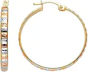 [JewelryWeb] 14k Yellow Gold White Gold and Rose Gold Designed Sparkle Cut Flat Hoop Earrings-Hoop Earring for Women