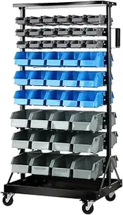 [GIANTZ] Storage Bin Rack, 90 Bins Garage Tool Storages Shelving Wall Mounted Toolbox Shelf Bracket Home Workshop Garden Organiser, Double Sided 9 Tier with Lockable Wheels Black Blue
