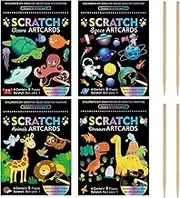 Set of 4 Scratch Pictures for Children, 19 x 14 cm, Magic Scratch Paper, Scratch Book, Scratch Paper Set with Colourful Gradient and Scratch Pen, Oceans, Animal, Dinosaur, Space