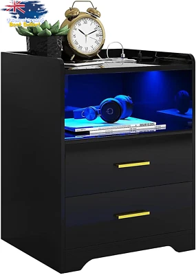 LED Nightstand Smart Bedside Table Storage Cabinet USB Type C Auto Light Black