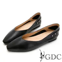 在飛比找Yahoo奇摩購物中心優惠-GDC-就是極簡約素色基本百搭實穿鉚釘真皮平底尖頭鞋-黑色