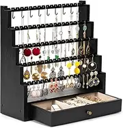 Pinzoveco Earring Organizer, 5 Layer Earring Holder Organizer with Metal Necklace Holder Pole, Rustic Wood Jewelry Organizer Stand Display for Stud Earring Bracelet Necklace Ring, 175 Earring Holes