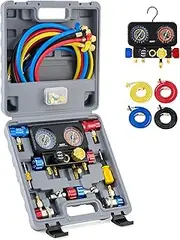 Orion Motor Tech R1234yf AC Gauge Set, 4 Way Gauges With Hoses, Quick Couplers, Self Sealing Can Tap for Freon Charging, Kit for R134a R404a, 4 Valve Manifold Set