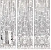 Accevo Silver Party Streamers 3Pack Metallic Tinsel Foil Fringe Curtains 3.2ft x 8.2ft Party Decorations for Photo Booth Photoshoot Birthday Bridal Shower Engagement Bachelorette Disco Party Decor