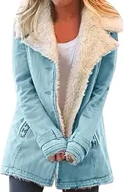 [EdNey] Winter Jackets For Women Plus Size Lamb Wool Outdoor Warm Thick Lining Fleece Jacket Lapel Collar Button Down Outerwear, Blue, Medium