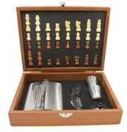 Wood Chess Set, 8oz Stainless Steel Hip Flask, Shot Glasses, Bottle Opener Gift