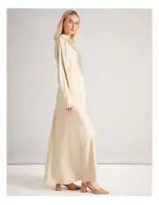 [Basque] Satin High Neck Bias Cut Maxi Dress in Stone