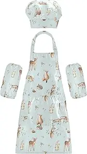 AIXIWAWA Kids Apron Chef Hat Set, Child Kitchen Bib Aprons Adjustable for Cooking Baking Painting (Wild Animals)