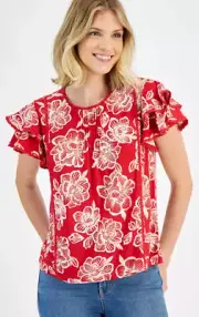 Nautica Women's Batik Rose Flutter-Sleeve Top Color RED Size S