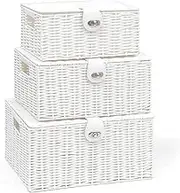 Set of 3 Resin Woven Storage Basket Box with Lid & Lock (White)