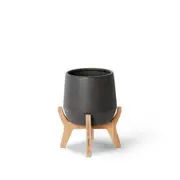 E Style Lawson 26cm Ceramic/Wood Plant Pot w/ Stand Round Home Decor Black