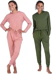Real Essentials 4 Piece: Women's Long Sleeve Pullover Hoodie Henley Sweatshirt & Jogger Set- Athletic Lounge Sweatsuit