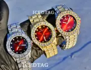 HIP HOP ICED BLING-ED OUT RAPPER LAB DIAMOND MEN SOLITAIRE DIAL METAL BAND WATCH