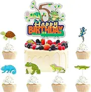 7 Pieces Reptile Themed 5th Birthday Happy Cute Frog Lizard Cake Toppers - Kids Reptile Theme Party, Boys and Girls Birthday Party, Swamp Party Turtle Decoration Supplies - LIANGSS