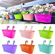 LaLaGreen Outdoor Hanging Planter (6 Pack, 11.2 Inch) Light Blue, Green, Neon Pink, Dark Blue, Orange, Peachy Pink Metal Iron Window Box Flower Pot Deck Railings Fence Rails Buckets Porch Garden Decor