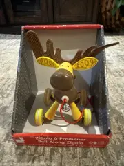 Janod Pull Along Zigolo Elk Solid Wood Toy For Children Ages 12-36Mos Brand New