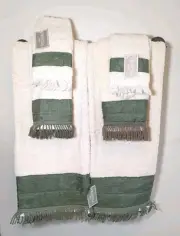 CROSCILL NOS 6 Piece Set 2-Bath, 2-Hand, 2-Fingertip Ivory/Sage Trim And Fringe