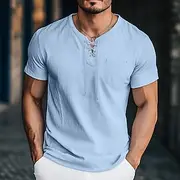 Men's Henley Shirt Tee Top Short Sleeve Solid Color Plain Solid Fashion Designer Basic Tie Front V Neck Vacation Street Casual Summer Black White Blue Henley T